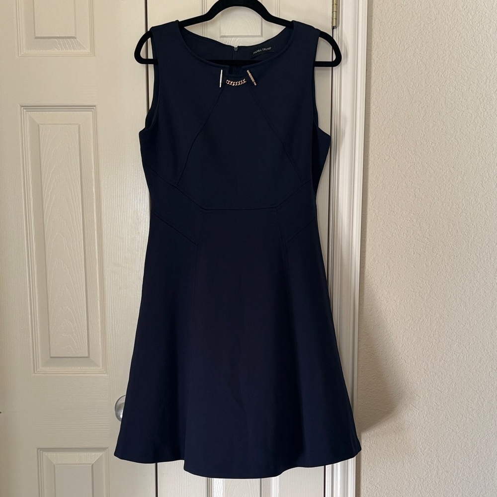 Ivanka Trump Navy Scuba Fit & Flare Dress w/ Gold Toggle Detail – Size L